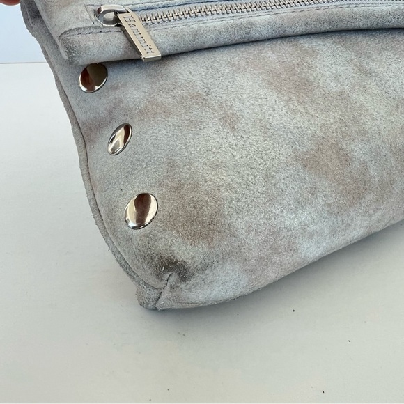 HAMMITT VIP Gray w Pewter Silver Suede Distressed Flap Strap Medium Crossbody - Picture 13 of 16